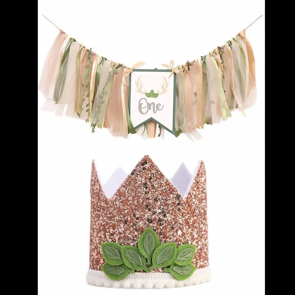 Woodland First Birthday Decorations ONE high chair banner and gold sparkly crown